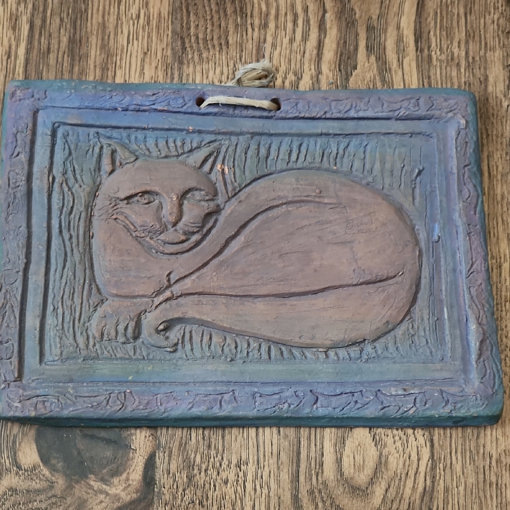 Handcrafted Cat Wall Plaque - Blue and Brown